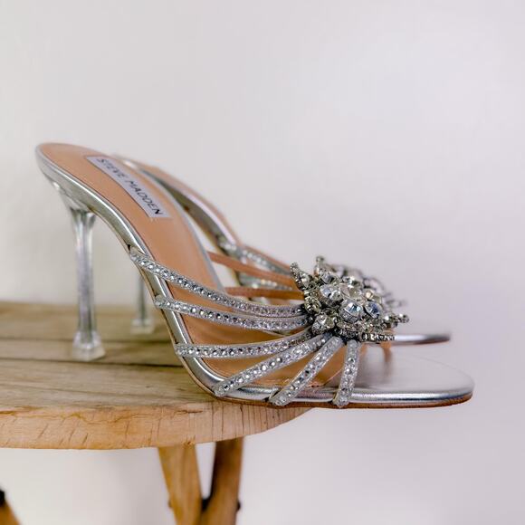 Steve Madden Pamola Rhinestone Heels Sandals Silver Glam Gatsby Party sz 7.5 NEW - Picture 1 of 10